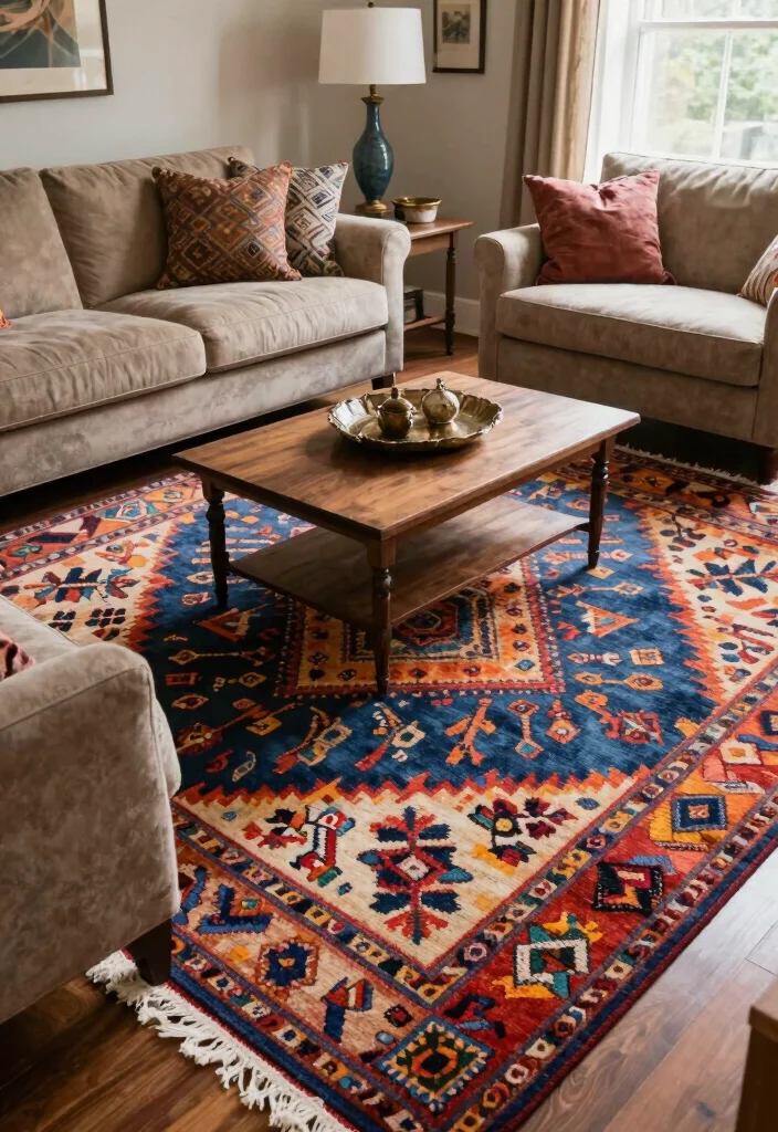15 Artsy Living Room Ideas: Creative, Bold, and Expressive - 13. Artistic Rugs 1
