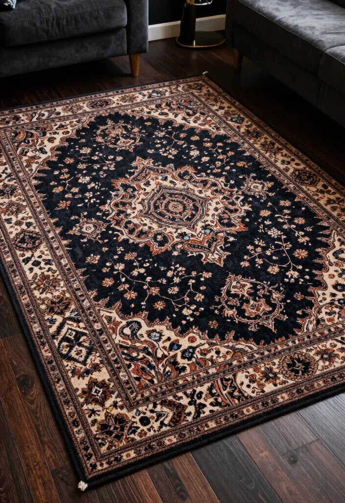 15 Emo Living Room Ideas Dark Expressive and Personal - 12. Artistic Floor Coverings for Added Interest 1