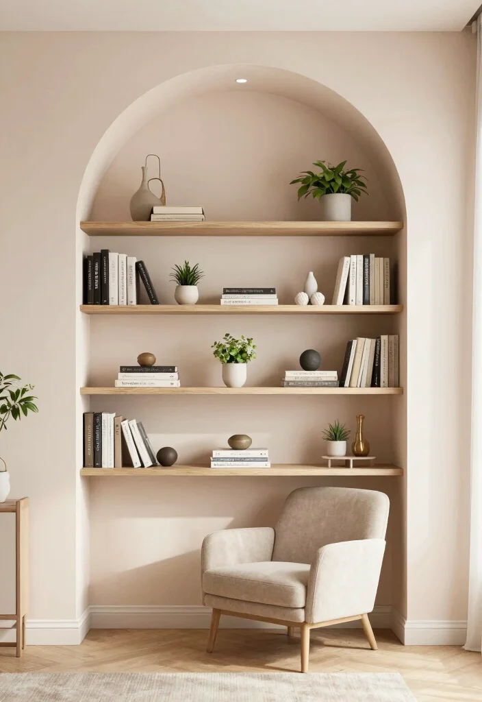15 Living Room Arch Design Ideas: Elegant Architectural Touch - 11. Arched Alcove Shelving 1