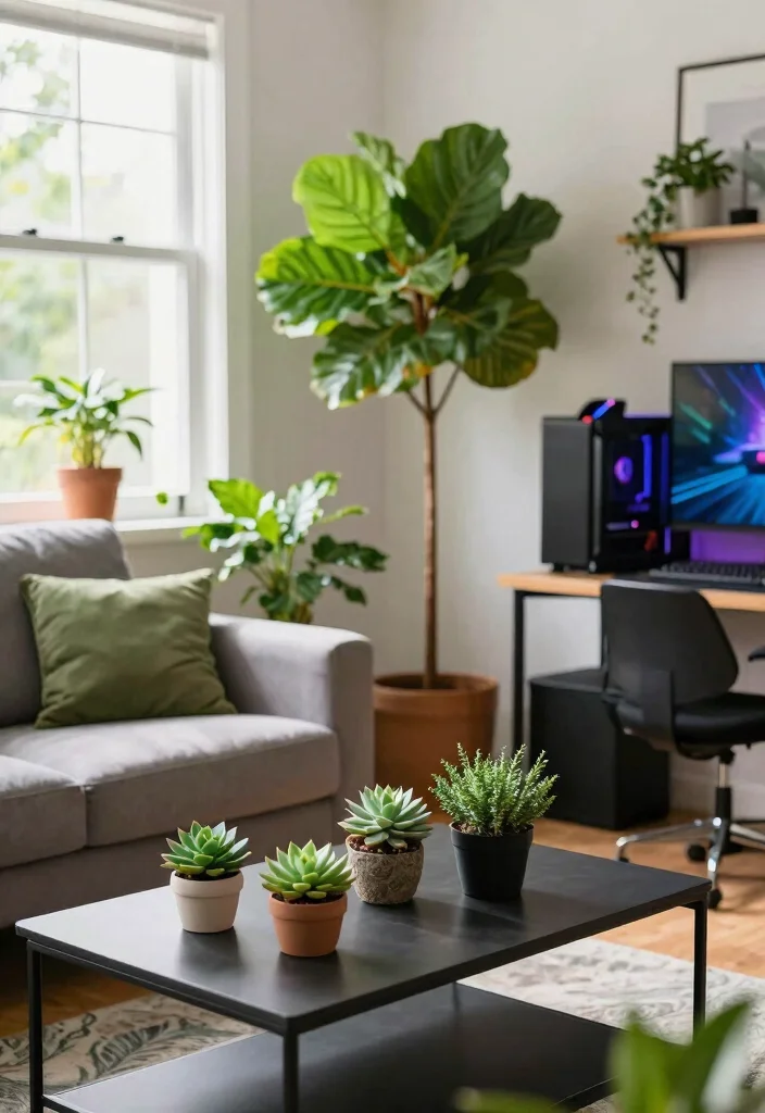 15 Living Room Gaming Ideas: Cool Functional Setups - 10. Refresh with Plants 1