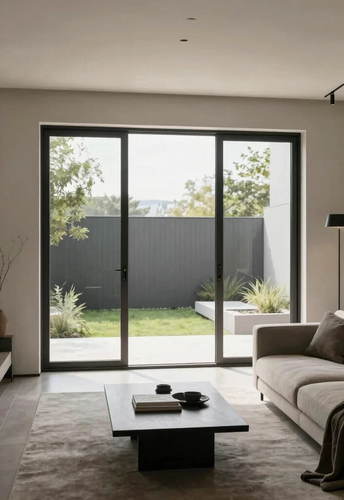 15 Living Room Patio Doors Ideas for Bright Indoor-Outdoor Flow - 12. Minimalistic Framed Doors 1