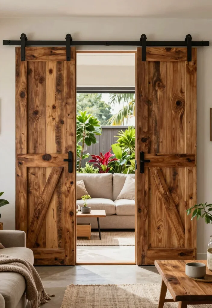 15 Living Room Patio Doors Ideas for Bright Indoor-Outdoor Flow - 5. Rustic Barn Doors 1