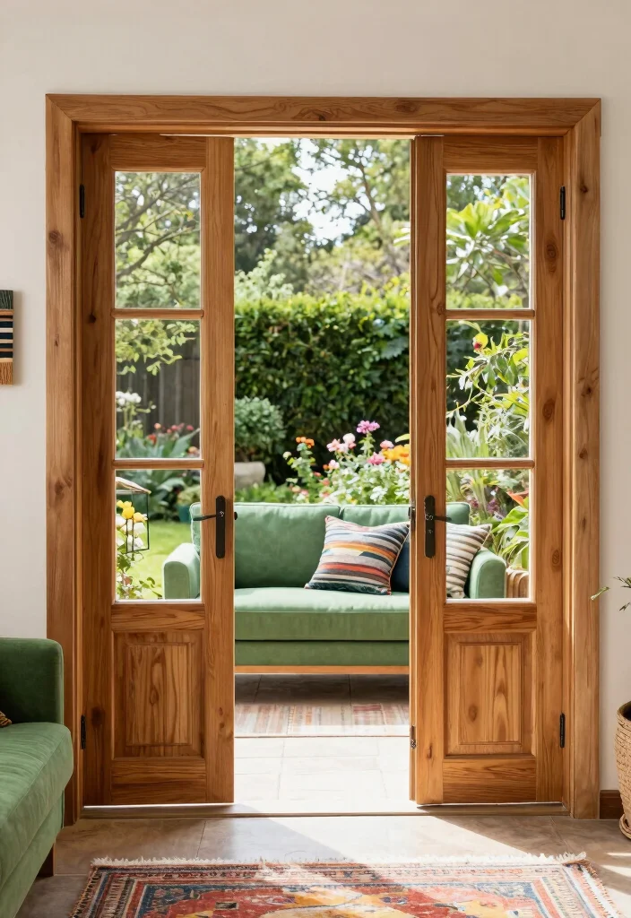 15 Living Room Patio Doors Ideas for Bright Indoor-Outdoor Flow - 7. Eco-Friendly Wooden Patio Doors 1