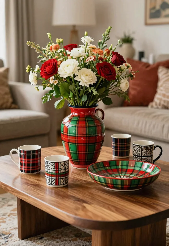 15 Tartan Living Room Ideas: Warm Classic Patterns - 14. Tartan Inspired Ceramics 1