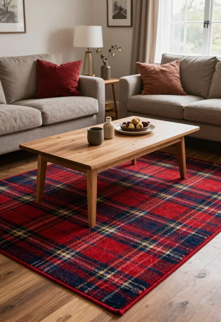 15 Tartan Living Room Ideas: Warm Classic Patterns - 5. Tartan Area Rugs 1