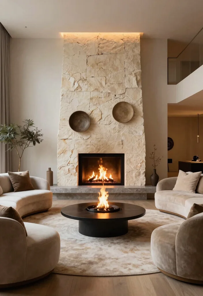16 Circle Living Room Ideas: Unique Flowing Layouts - 9. A Circular Fireplace for Warmth and Elegance 1