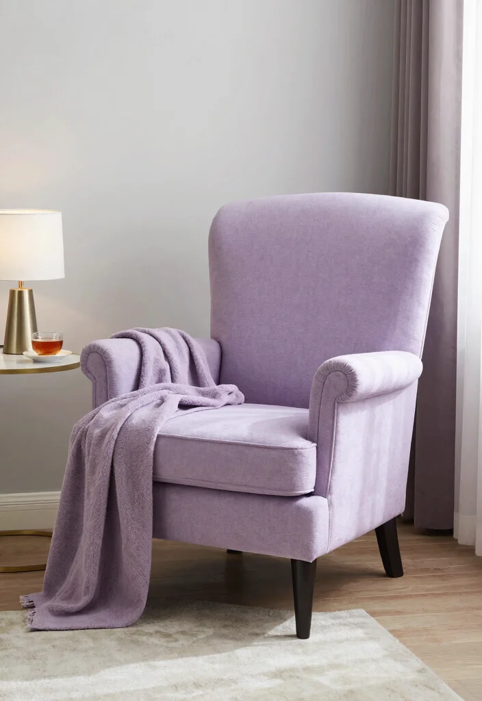 16 Lavender Living Room Ideas: Soft, Calm, and Dreamy - 12. Lavender Statement Chair 1