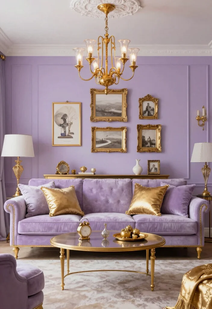 16 Lavender Living Room Ideas: Soft, Calm, and Dreamy - 14. Incorporating Gold Accents 1