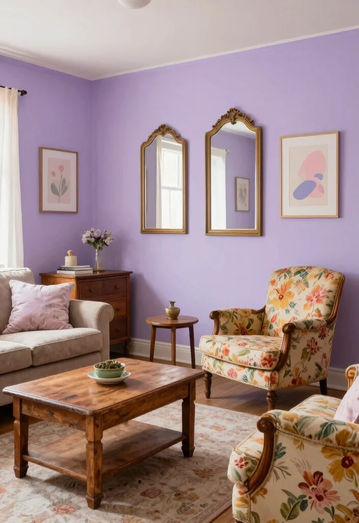 16 Lavender Living Room Ideas: Soft, Calm, and Dreamy - 2. Lavender Accent Wall 1
