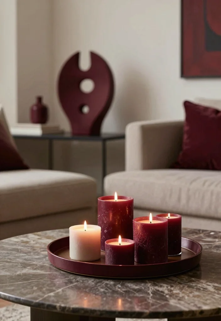 16 Living Room Burgundy Ideas: Rich, Warm, and Sophisticated - 13. Burgundy Statement Accessories 1