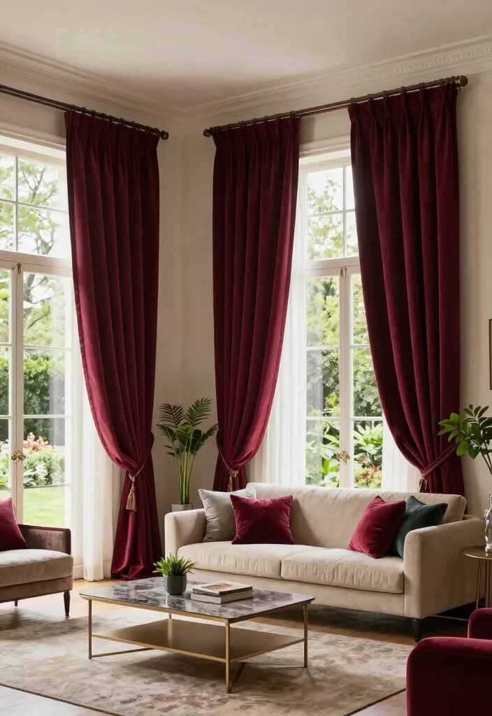 16 Living Room Burgundy Ideas: Rich, Warm, and Sophisticated - 3. Burgundy Curtains for Dramatic Flair 1