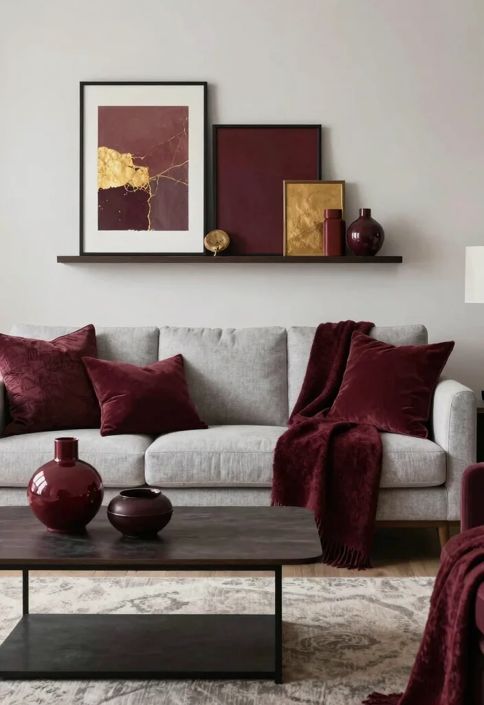 16 Living Room Burgundy Ideas: Rich, Warm, and Sophisticated - 6. Artistic Burgundy Accessories 1