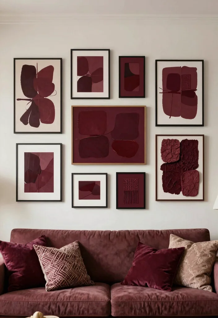 16 Living Room Burgundy Ideas: Rich, Warm, and Sophisticated - 7. Burgundy Wall Art 1