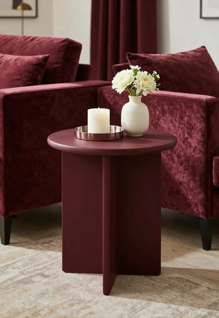 16 Living Room Burgundy Ideas: Rich, Warm, and Sophisticated - 9. Burgundy Accent Tables 1