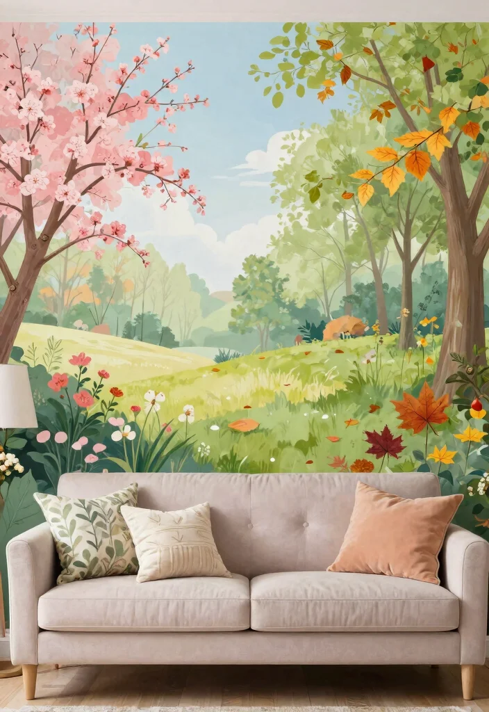 16 Living Room Mural Ideas for Artistic Statement Walls - 13. Seasonal Splendor: Change with the Seasons 1