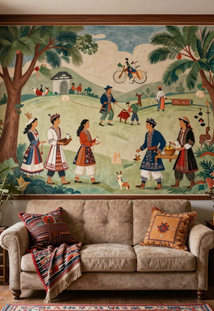 16 Living Room Mural Ideas for Artistic Statement Walls - 14. Cultural Heritage: Traditional Murals 1