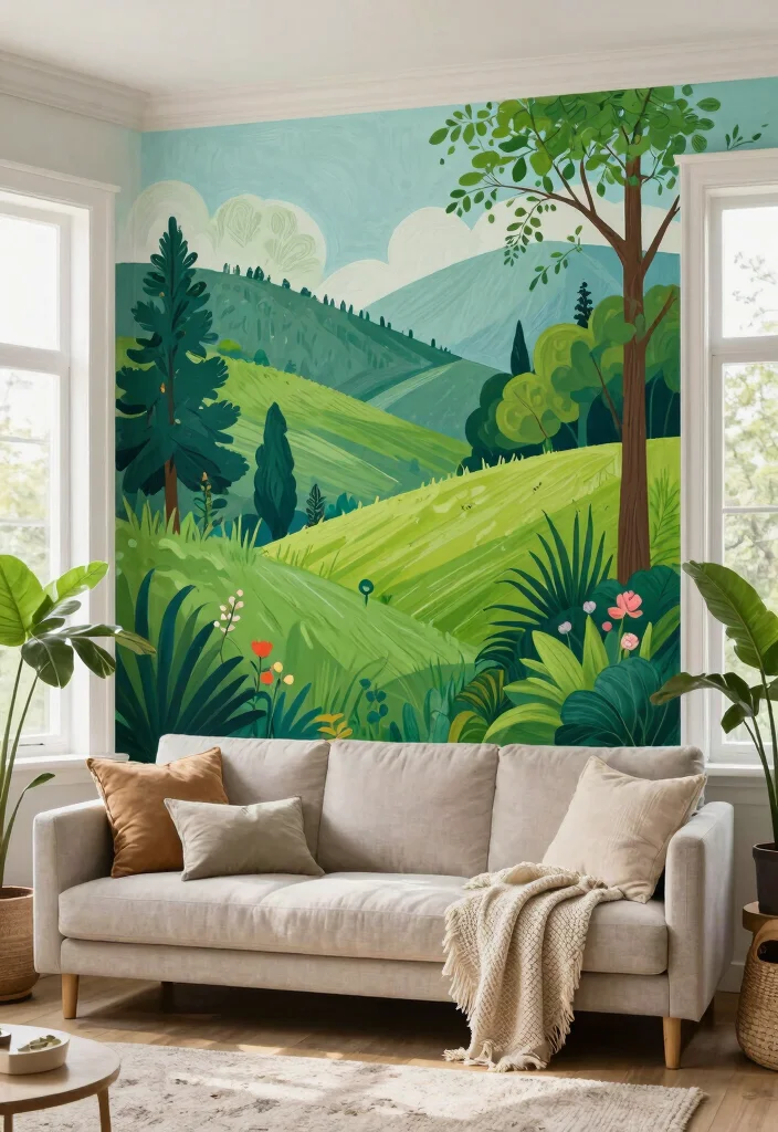 16 Living Room Mural Ideas for Artistic Statement Walls - 16. Eco-Conscious Art: Sustainable Murals 1