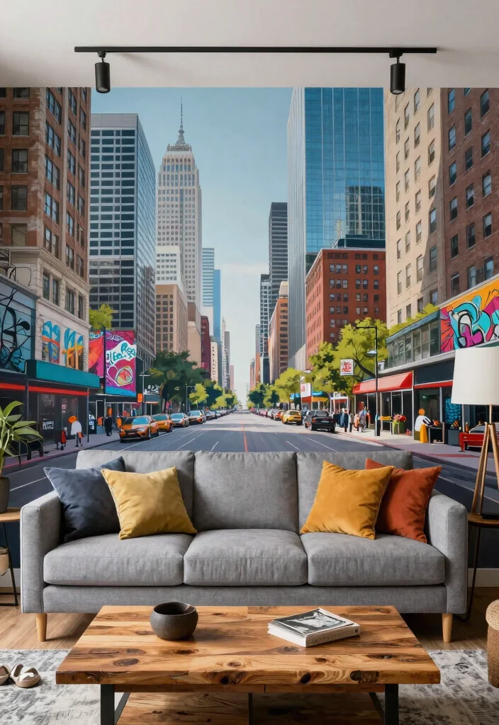 16 Living Room Mural Ideas for Artistic Statement Walls - 4. Urban Jungle: Cityscape Murals 1