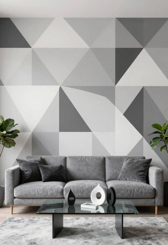 16 Living Room Mural Ideas for Artistic Statement Walls - 7. Geometric Patterns: Modern Sophistication 1