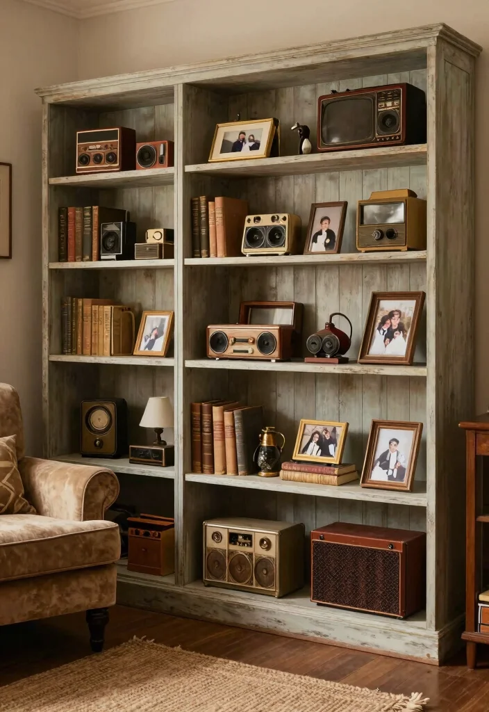 16 Living Room Shelving Ideas Practical and Decorative - 13. Vintage-Inspired Shelving 1