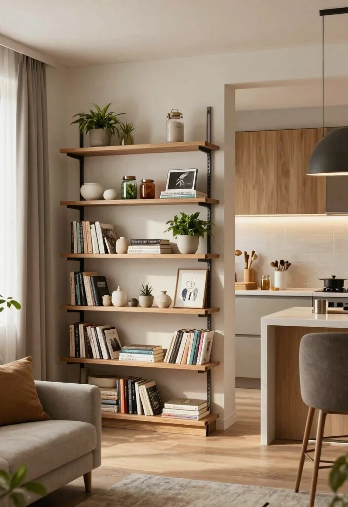 16 Living Room Shelving Ideas Practical and Decorative - 14. Functional Kitchen Shelving in the Living Room 1