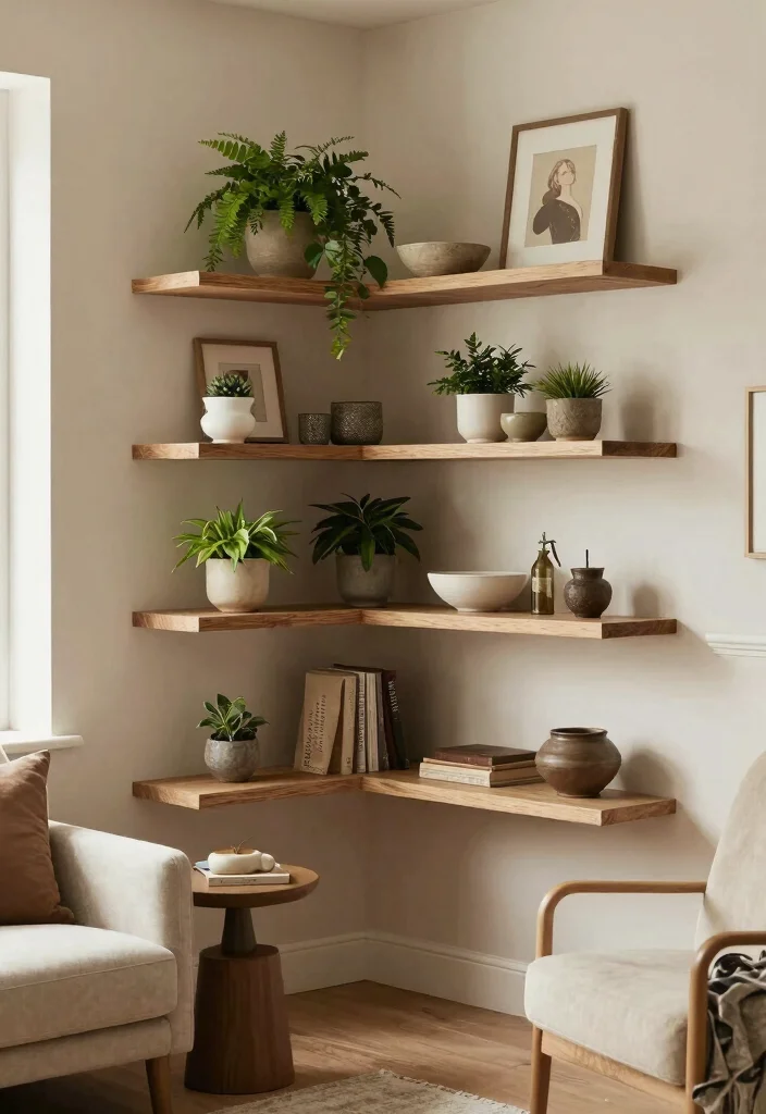 16 Living Room Shelving Ideas Practical and Decorative - 5. Elegant Corner Shelves 1
