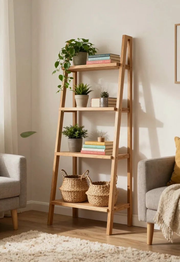 16 Living Room Shelving Ideas Practical and Decorative - 7. Creative Use of Ladders 1