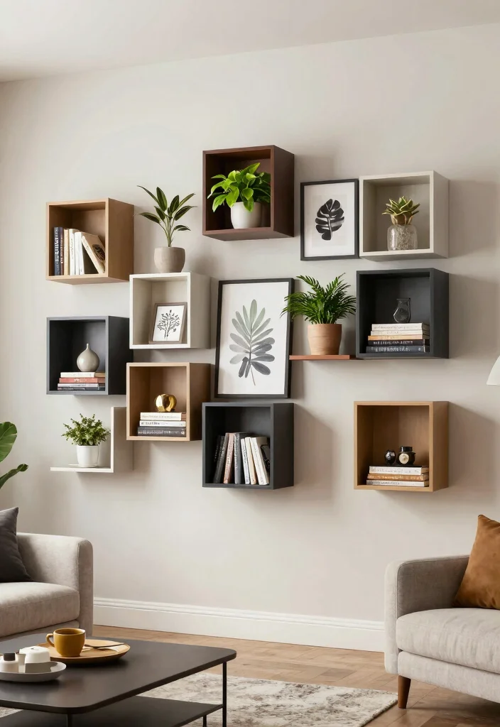 16 Living Room Shelving Ideas Practical and Decorative - 8. Wall-Mounted Cube Shelving 1
