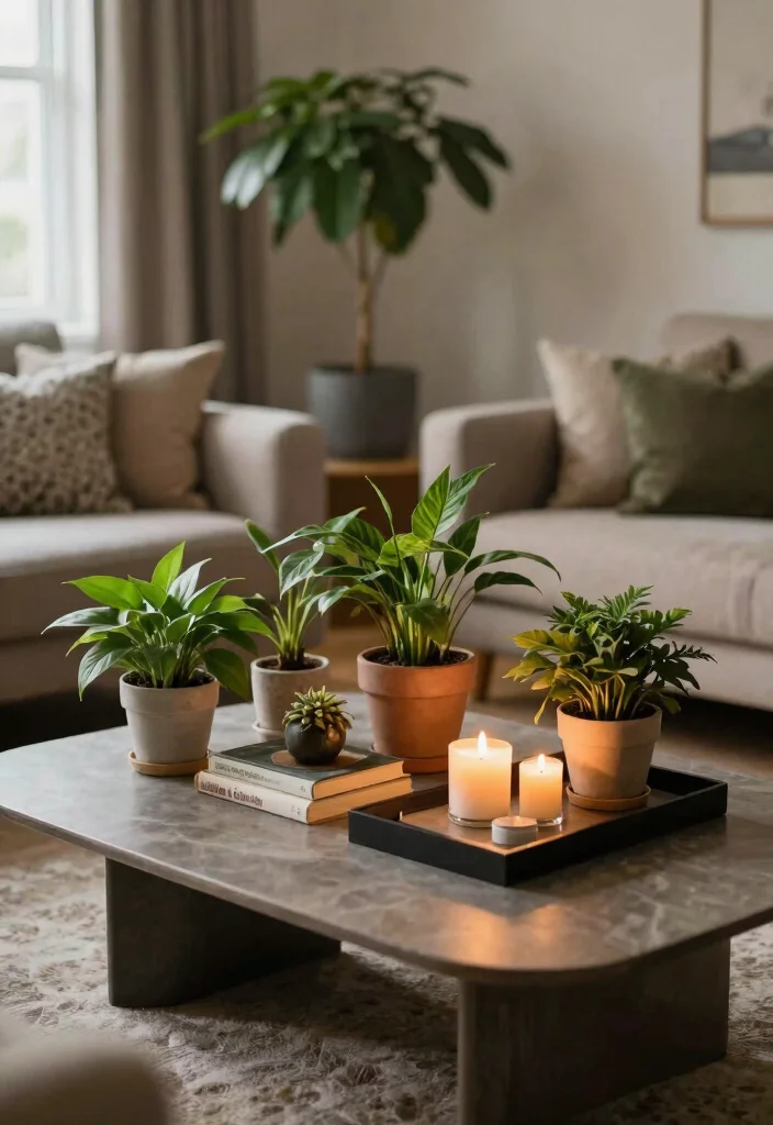 16 Plant Aesthetic Living Room Ideas for Lush Cozy Decor - 14. Plant-Focused Coffee Table 1