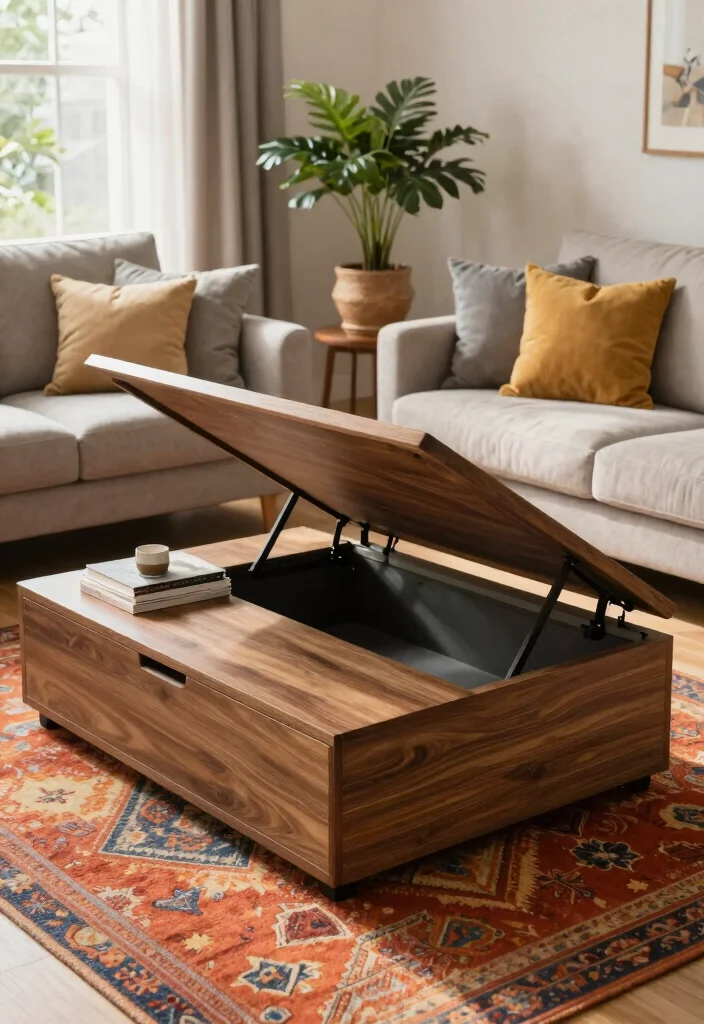 17 Bed Living Room Ideas: Smart Studio Layouts - 8. Multifunctional Coffee Tables 1