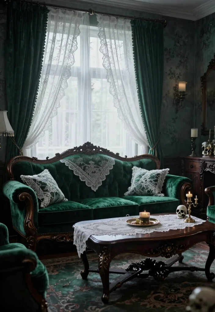 17 Creepy Living Room Ideas for a Dark Moody Aesthetic - 1. Gothic Elegance: Velvet and Lace 1