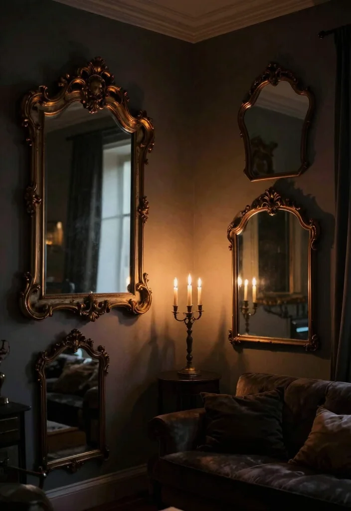 17 Creepy Living Room Ideas for a Dark Moody Aesthetic - 11. Vintage Mirrors for Depth 1