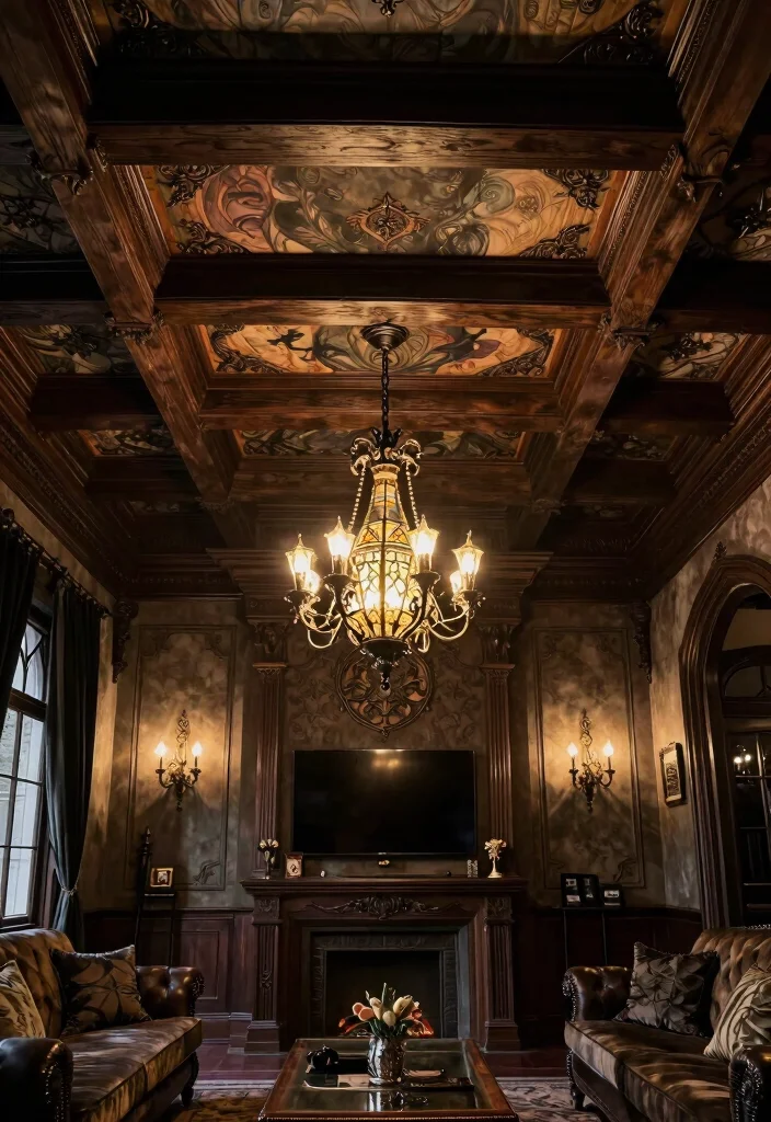 17 Creepy Living Room Ideas for a Dark Moody Aesthetic - 16. Captivating Ceiling Treatments 1