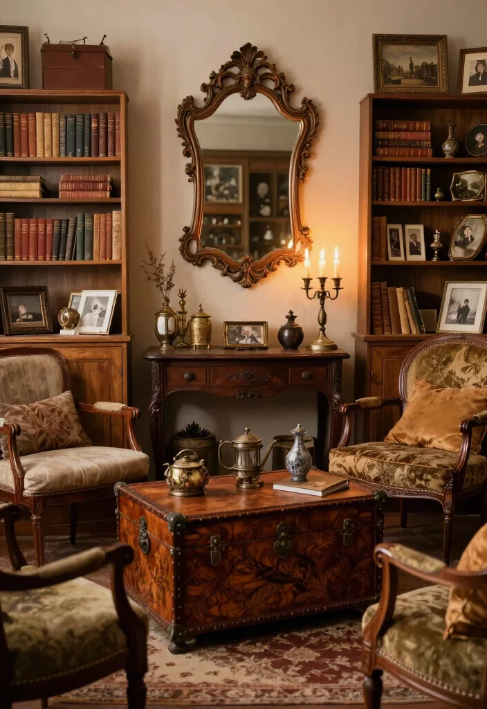 17 Creepy Living Room Ideas for a Dark Moody Aesthetic - 4. Antique Finds that Tell Stories 1