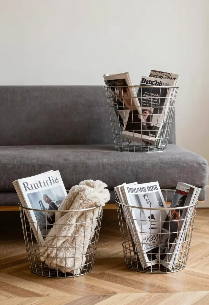 17 Living Room Basket Ideas Stylish Storage Solutions - 10. Industrial Wire Baskets 1