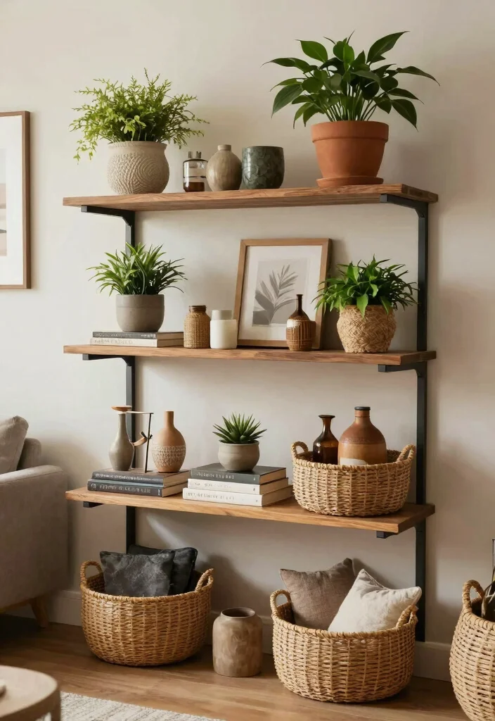 17 Living Room Basket Ideas Stylish Storage Solutions - 12. Tiered Basket Shelves 1