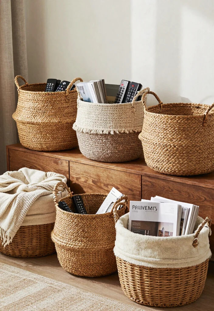 17 Living Room Basket Ideas Stylish Storage Solutions - 13. Stylish Organization Ideas with Baskets 1