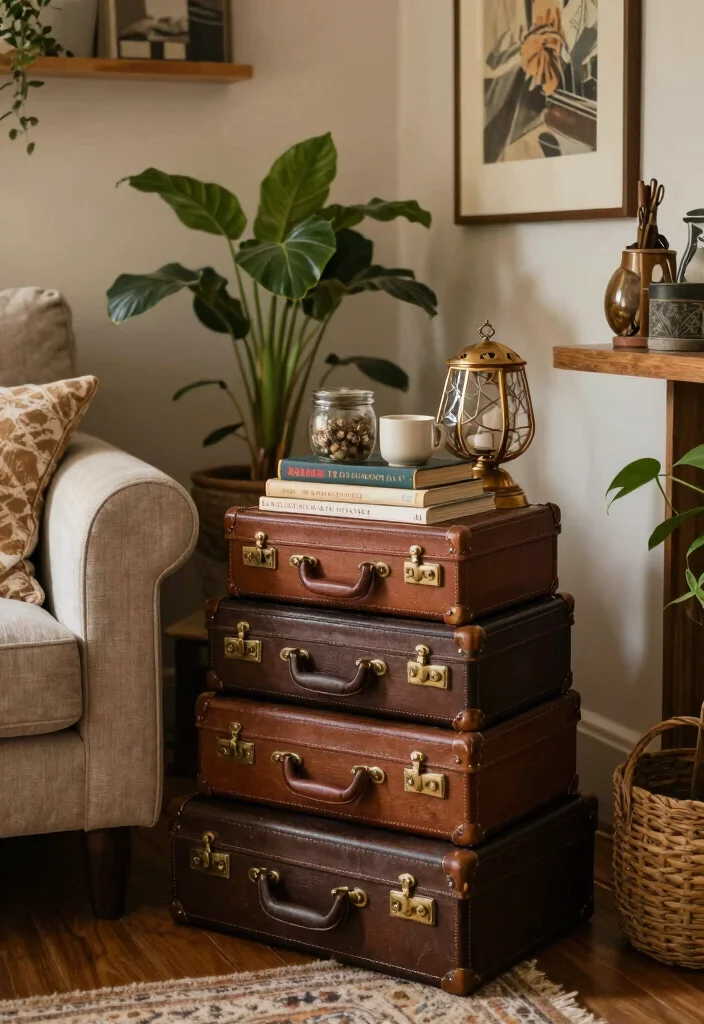 17 Living Room Basket Ideas Stylish Storage Solutions - 8. Vintage Suitcase Baskets 1