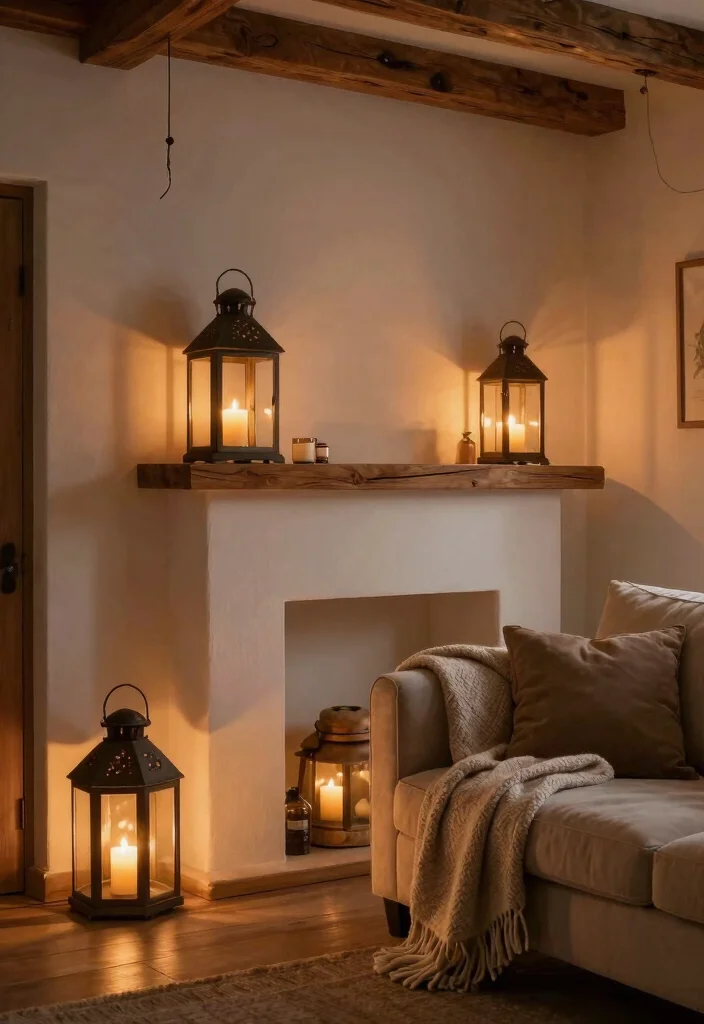 17 Living Room Lights Ideas Layered Cozy Ambience - 14. Lanterns for a Rustic Touch 1