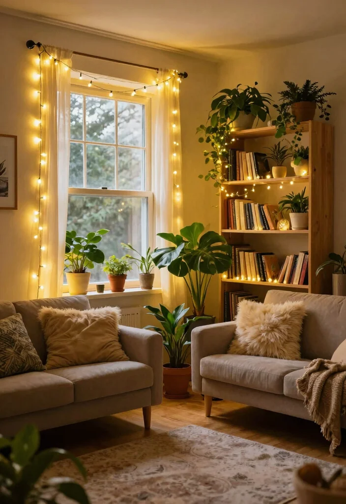 17 Living Room Lights Ideas Layered Cozy Ambience - 5. String Lights 1