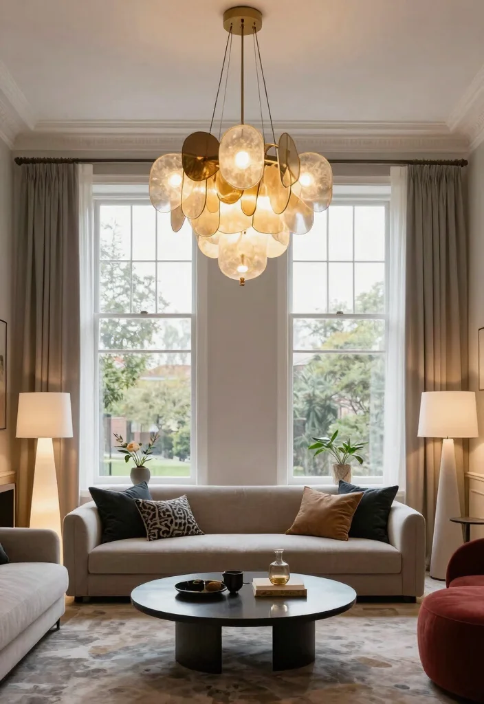 17 Living Room With Two Windows Ideas for Balanced Bright Layouts - 11. Artistic Lighting Fixtures 1