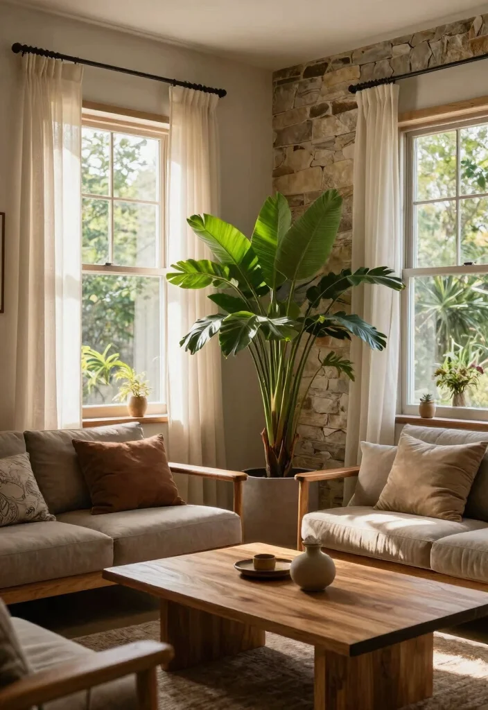 17 Living Room With Two Windows Ideas for Balanced Bright Layouts - 7. Natural Elements 1