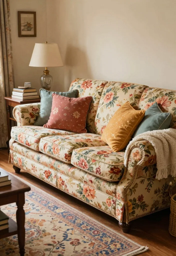 18 Grandmacore Living Room Ideas: Cozy Vintage Charm - 1. Vintage Floral Sofa 1