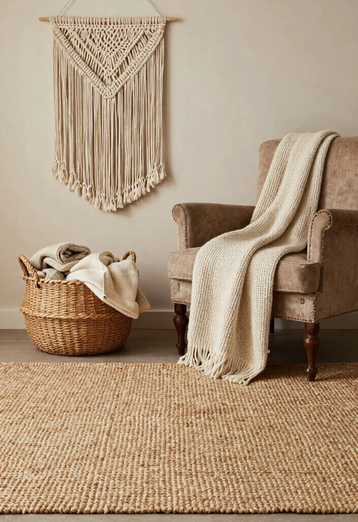 18 Grandmacore Living Room Ideas: Cozy Vintage Charm - 4. Woven Textures 1