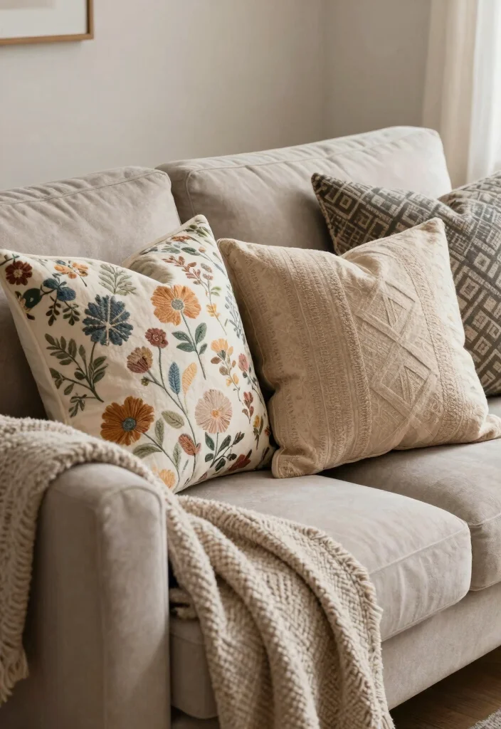 18 Grandmacore Living Room Ideas: Cozy Vintage Charm - 5. Eclectic Decorative Pillows 1