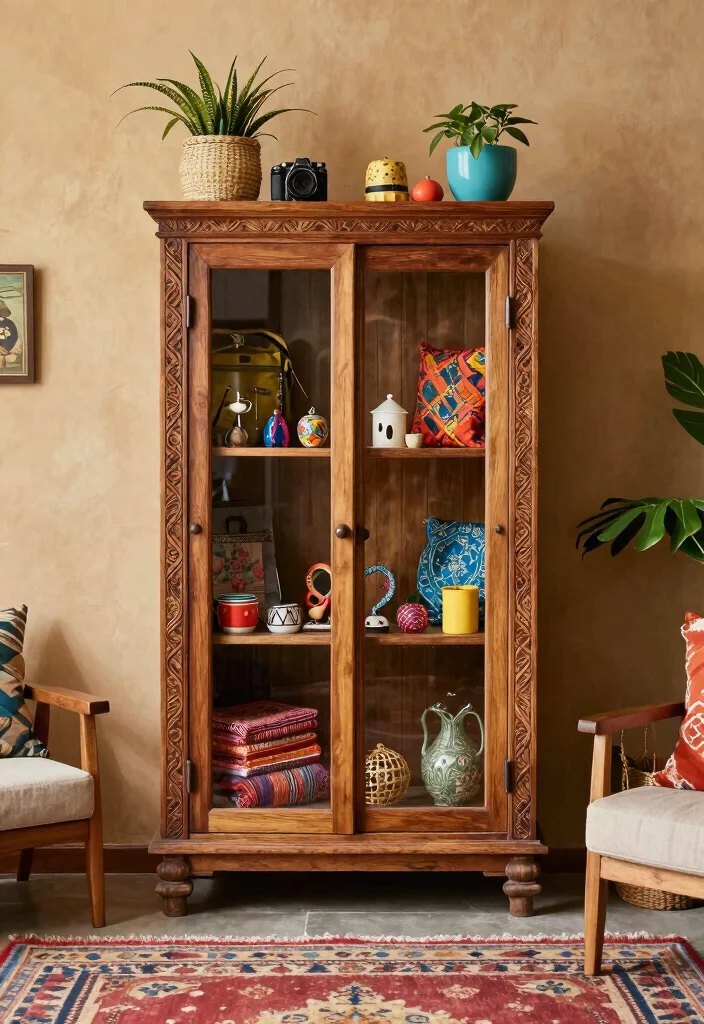 18 Living Room Display Cabinet Ideas: Stylish Showpieces - 11. Bohemian-Style Display Cabinet 1