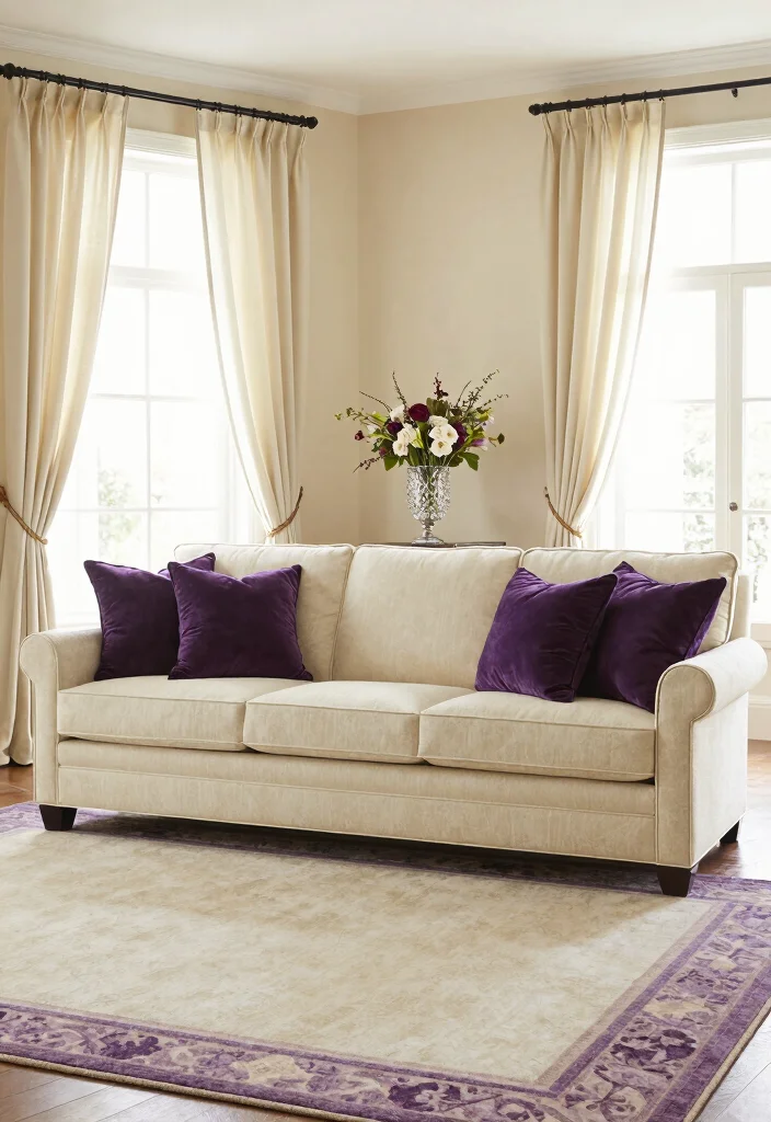 18 Living Room Purple Ideas: Bold Elegant Color Palettes - 12. Timeless Purple and Cream Palette 1