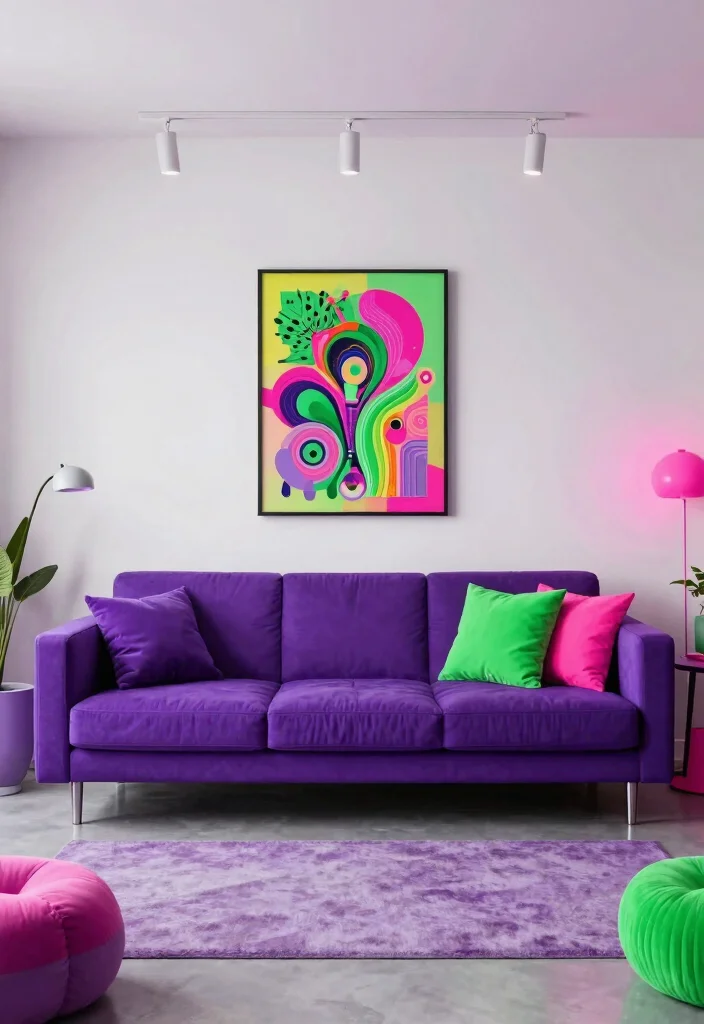 18 Living Room Purple Ideas: Bold Elegant Color Palettes - 13. Electric Purple and Neon Accents 1