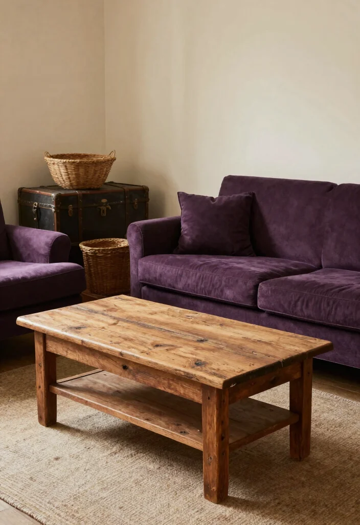 18 Living Room Purple Ideas: Bold Elegant Color Palettes - 14. Elegant Deep Purple with Distressed Accents 1