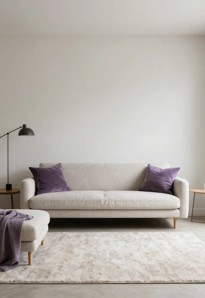 18 Living Room Purple Ideas: Bold Elegant Color Palettes - 17. Minimalist Purple Accents in a Neutral Space 1
